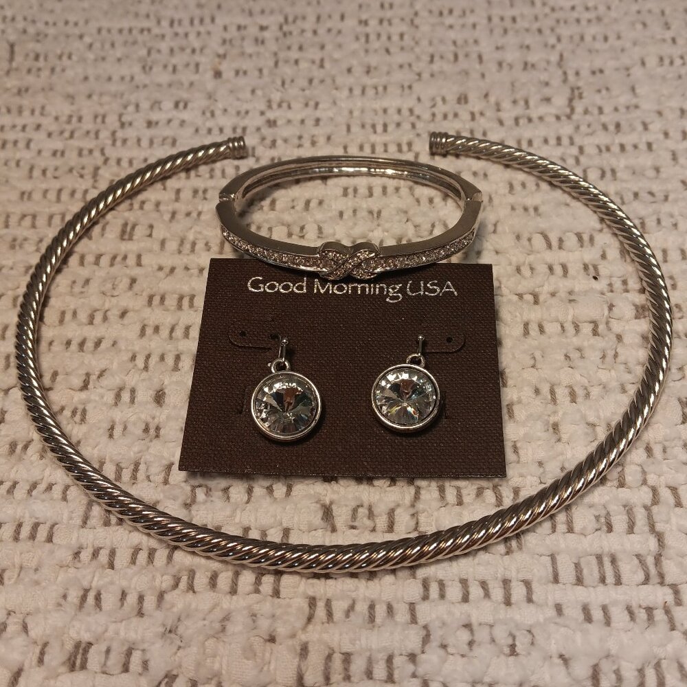 Lot of 3 silver tone / rhinestone fashion jewelry torque, bracelet, earrings